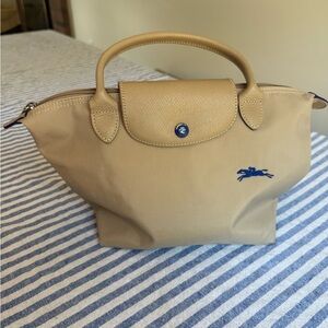 Longchamp Tan and Blue Tote with Signature Style